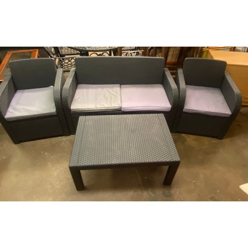 147 - CHARCOAL RATTAN PATIO TWO SEATER SOFA, ARMCHAIRS AND COFFEE TABLE