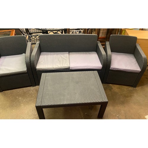 147 - CHARCOAL RATTAN PATIO TWO SEATER SOFA, ARMCHAIRS AND COFFEE TABLE