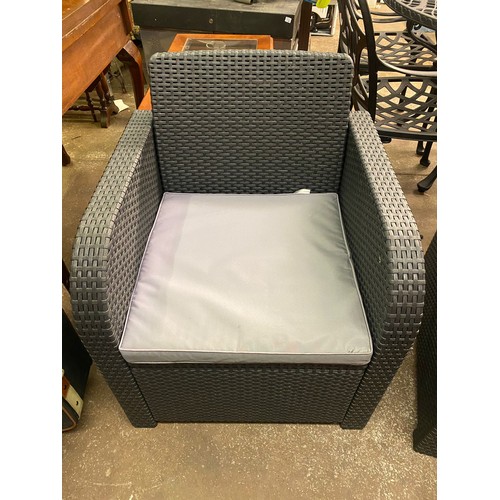 147 - CHARCOAL RATTAN PATIO TWO SEATER SOFA, ARMCHAIRS AND COFFEE TABLE