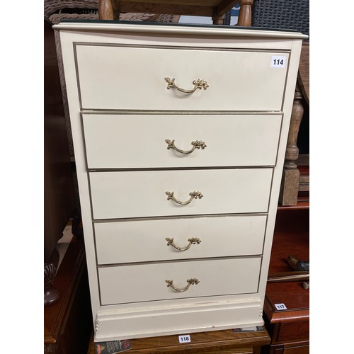 114 - FRENCH STYLE CREAM PAINTED FIVE DRAWER CHEST