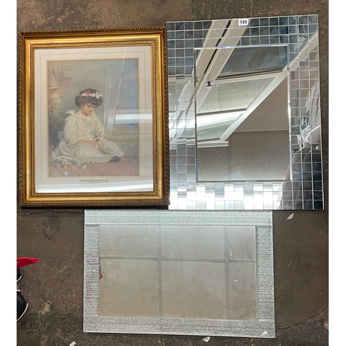 125 - LITHOGRAPHIC PRINT AND TILED SURROUND MIRROR AND ONE OTHER