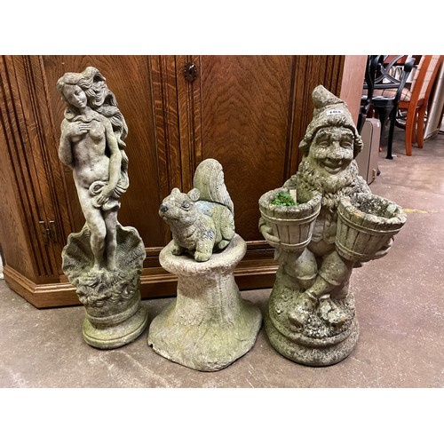 104 - GNOME TWIN PLANTER, BOTTECELLI VENUS, AND SQUIRREL FIGURE