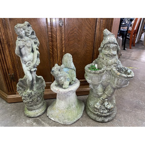 104 - GNOME TWIN PLANTER, BOTTECELLI VENUS, AND SQUIRREL FIGURE