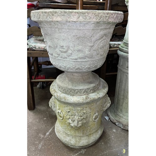 102 - LION MASK CIRCULAR STONEWORK STAND AND TAPERED PLANTER