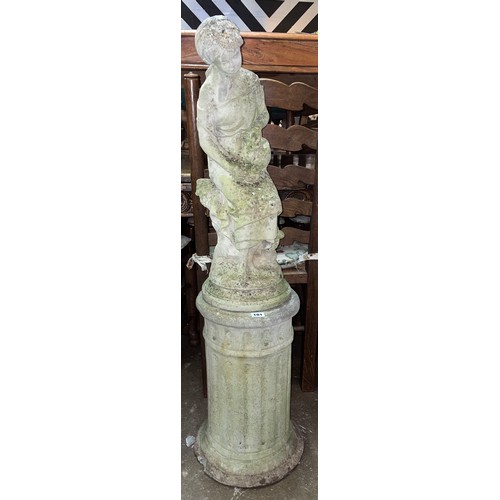 101 - STONEWORK FLUTED CYLINDRICAL STAND AND CLASSICAL SEATED FIGURE