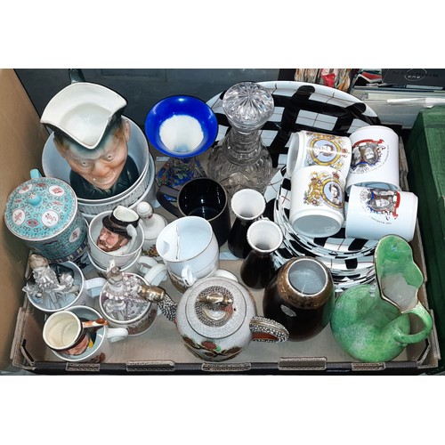 246 - CARTON OF CHARACTER JUGS, ROYAL COMMEMORATIVE WARE, DRAGON TEAPOT AND OTHER CERAMICS