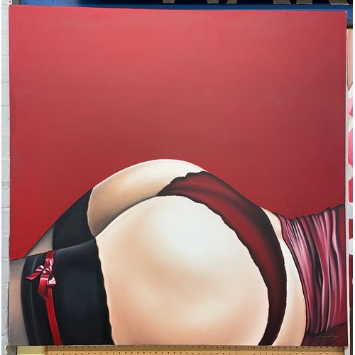 370 - CONTEMPORARY OIL ON CANVAS RED GARTER BY DREW DARCY 100 X100CM