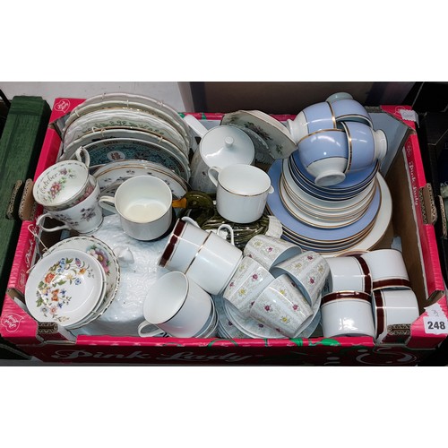 248 - TWO CARTONS CONTAINING TEASETS, AYNSLEYWARE, DECORATIVE GLASSWARES, MASONS CHRISTMAS VILLAGE TREE DI... 