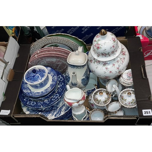 251 - BALUSTER FLORAL JAR AND COVER, FLORAL COFFEE SERVICE, BLUE AND WHITE WARE AND PLATES