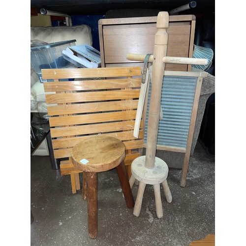 74A - PINE MILKING STOOL, VINTAGE WASH BOARD AND DOLLY POSHER