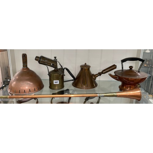 387 - BRITISH MONITER PARAFFIN BURNER, HAWKINS AND CO COPPER ART NOUVEAU KETTLE, POST HORN