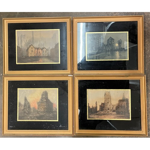 342 - SET OF FOUR PRINTS AFTER ETCHINGS OF RUINS AND TOWN SCAPES ON GLASS