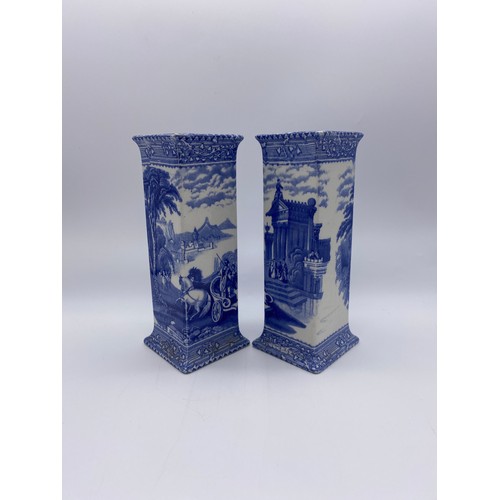 511 - PAIR OF BLUE TRANSFER PRINTED ARCADIAN CHARIOTS SQUARE SECTION VASES