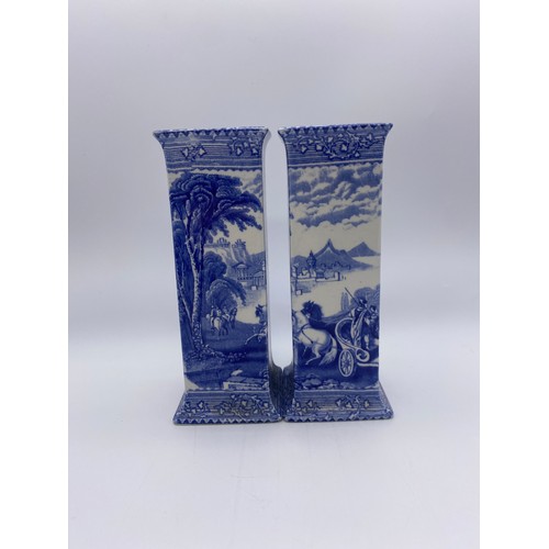 511 - PAIR OF BLUE TRANSFER PRINTED ARCADIAN CHARIOTS SQUARE SECTION VASES