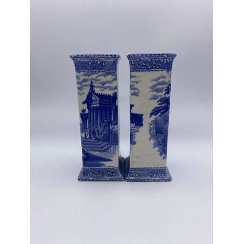 511 - PAIR OF BLUE TRANSFER PRINTED ARCADIAN CHARIOTS SQUARE SECTION VASES