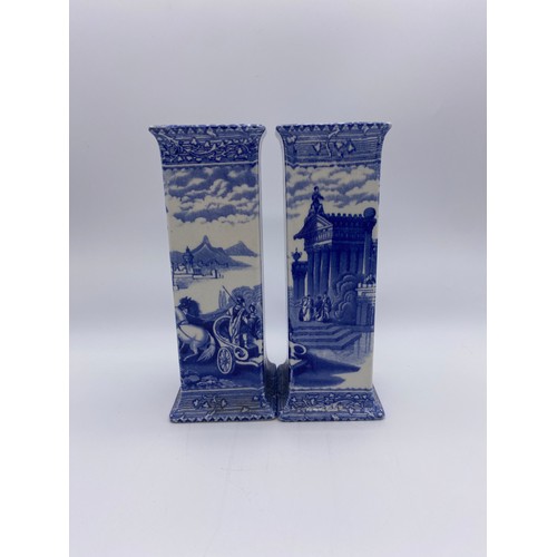 511 - PAIR OF BLUE TRANSFER PRINTED ARCADIAN CHARIOTS SQUARE SECTION VASES