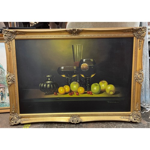 376 - OIL ON CANVAS STILL LIFE OF FRUIT AND WINE GOBLETS BY FRANZIA