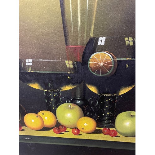 376 - OIL ON CANVAS STILL LIFE OF FRUIT AND WINE GOBLETS BY FRANZIA