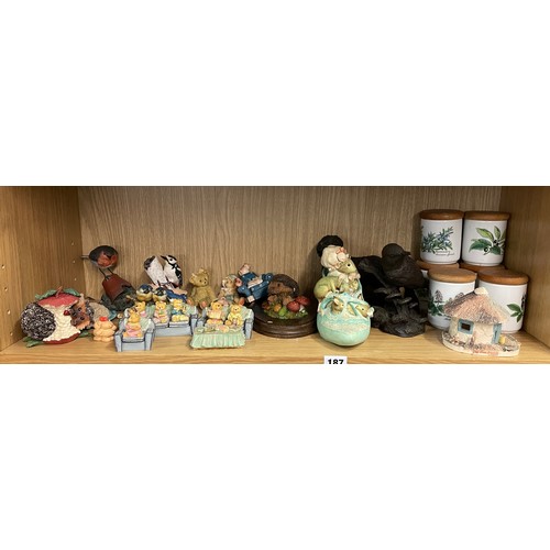 187 - SELECTION OF RESIN BIRD AND TEDDY BEAR FIGURES AND SOME ROYAL WORCESTER HERB STORAGE JARS