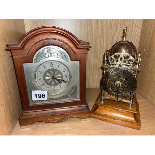 196 - MINIATURE LANTERN STYLE CLOCK AND ARCH CASED MANTLE CLOCK