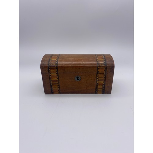 430 - SMALL VICTORIAN WALNUT AND TUMBRIDGE BANDED TEA CADDY