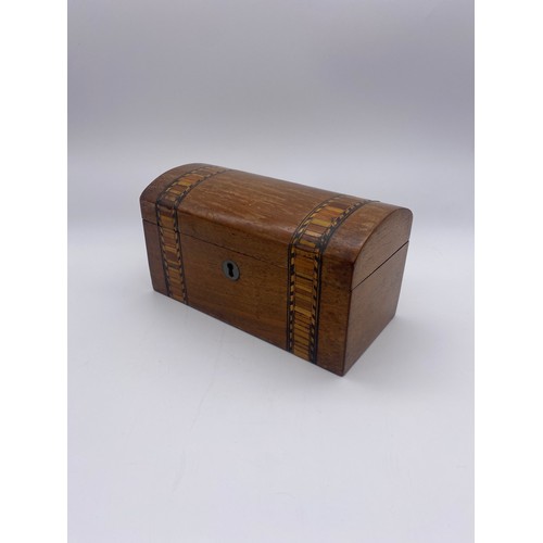 430 - SMALL VICTORIAN WALNUT AND TUMBRIDGE BANDED TEA CADDY