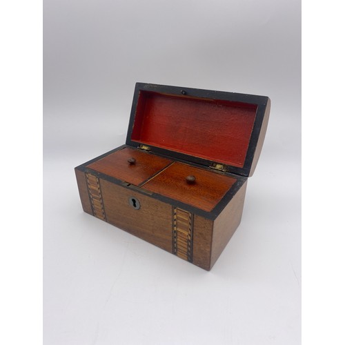 430 - SMALL VICTORIAN WALNUT AND TUMBRIDGE BANDED TEA CADDY