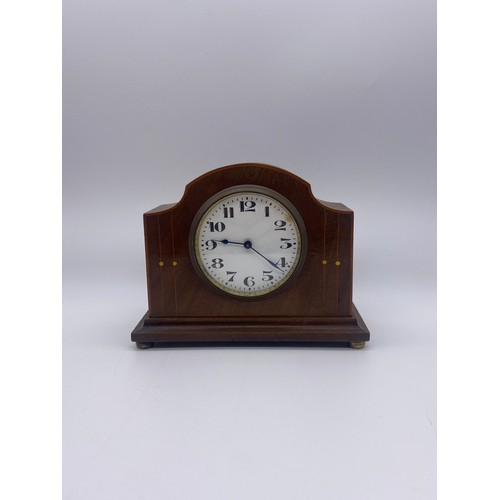 428 - EDWARDIAN MAHOGANY ARCHED CASED MANTLE TIMEPIECE