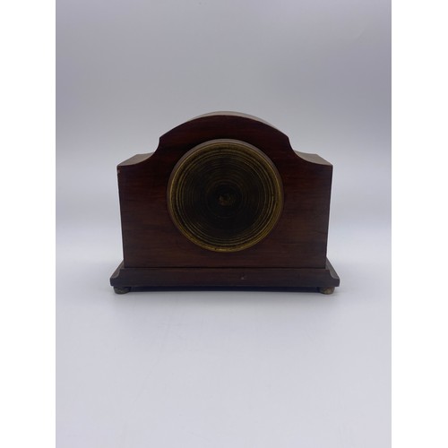 428 - EDWARDIAN MAHOGANY ARCHED CASED MANTLE TIMEPIECE