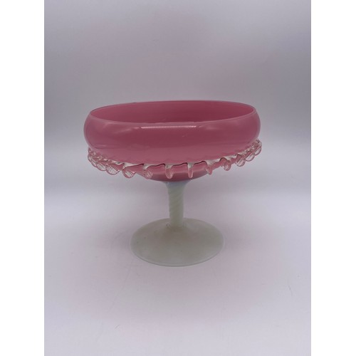 314 - PINK MILK GLASS CRIMPED PEDESTAL BOWL