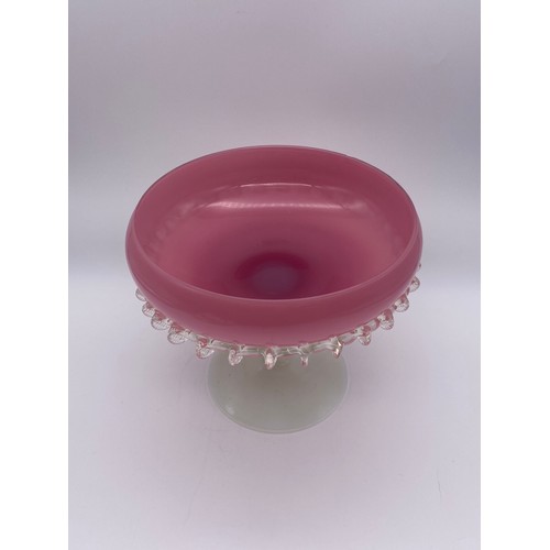 314 - PINK MILK GLASS CRIMPED PEDESTAL BOWL