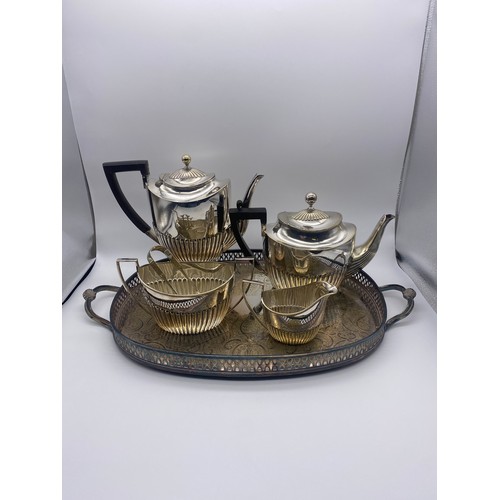 294 - J.W BENSON EP REGENCY STYLE FOUR PIECE TEA/COFFEE SERVICE ON A LATER GALLERY TRAY