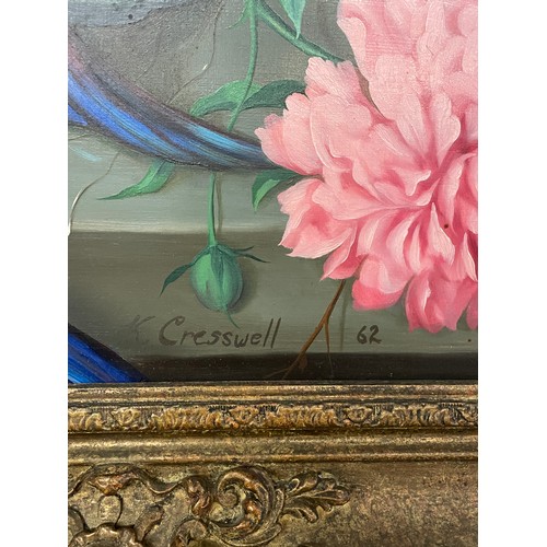 343 - K. CRESSWELL (1940-1989) OILS ON BOARD OF A STILL LIFE OF FLOWERS AND PARAKEET SIGNED AND DATED 62 I... 