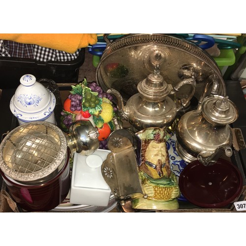 307 - EPNS TEA COFFEE SERVICE ON GALLERY TRAY, PLATED ROSE BOWL, POTTERY CHARACTER JUG