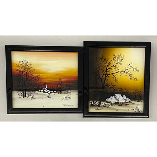 531 - EASTERN FOLK ART PAINTED GLASS PANELS OF WINTER LANDSCAPES