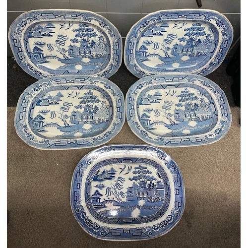 201 - FIVE 19TH CENTURY BLUE AND WHITE TRANSFER PRINTED BLUE AND WHITE MEAT PLATTERS