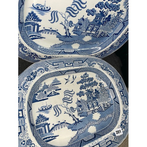 201 - FIVE 19TH CENTURY BLUE AND WHITE TRANSFER PRINTED BLUE AND WHITE MEAT PLATTERS