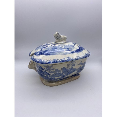 261 - 19TH CENTURY BLUE AND WHITE SOUP TUREEN AND COVER WITH LION FINIAL