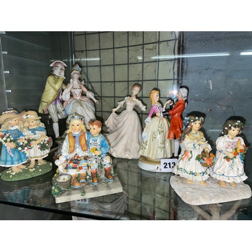 213 - PORCELAIN AND RESIN FIGURE GROUPS INC DANCING AND COURTING COUPLES