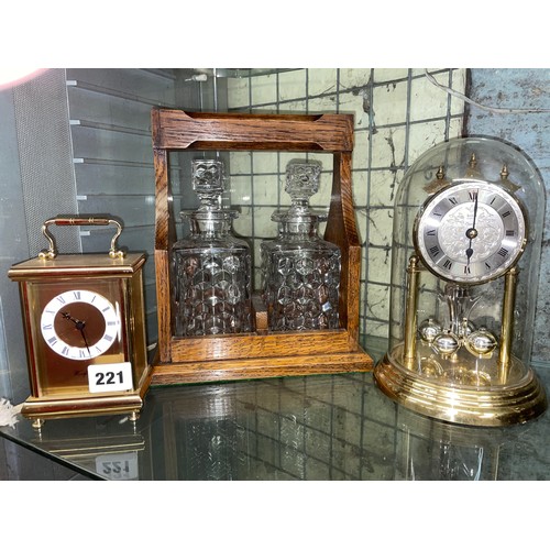 221 - WOODFIELD QUARTZ CARRIAGE CLOCK, ANNIVERSARY STYLE CLOCK AND TWO BOTTLE TANTALUS