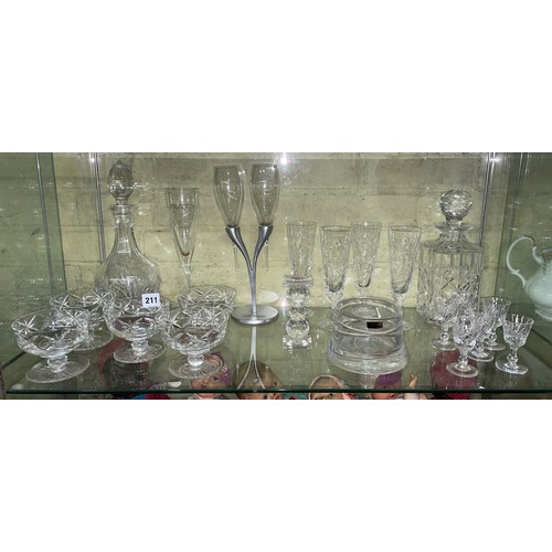 211 - MOET CHANDON TWIN FLUTE GLASS HOLDER, CUT GLASS DECANTERS AND OTHER GLASSWARES