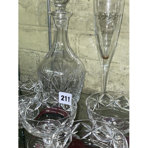 211 - MOET CHANDON TWIN FLUTE GLASS HOLDER, CUT GLASS DECANTERS AND OTHER GLASSWARES