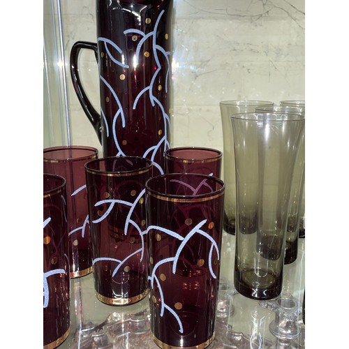 230 - AMETHYST GILDED GLASS LEMONADE SET AND SMOKE GLASS HI-BALL TUMBLERS