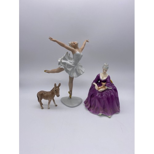 216 - ROYAL DOULTON CHARLOTTE, BESWICK MULE, AND GERMAN PORCELAIN BALLERINA FIGURE