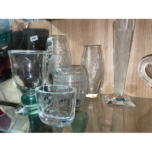 284 - TWO SHELVES OF ANTIQUE AND LATER CUT AND PRESSED GLASSWARE INCLUDING PEDESTAL SALT, SPILL VASES, GOB... 