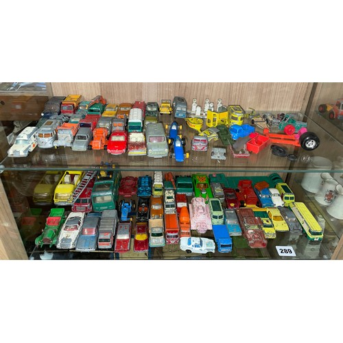 289 - TWO SHELVES OF PLAYWORN DIE CAST MODEL CARS, TRUCKS, AND TRANSPORTERS