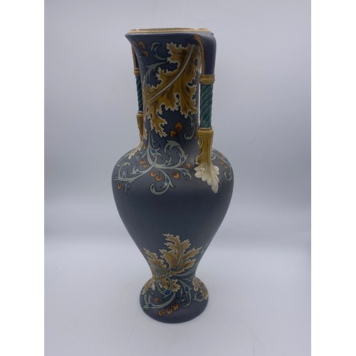 494 - METTLACH 2414 ART NOUVEAU TWIN HANDLED ACANTHUS VASE