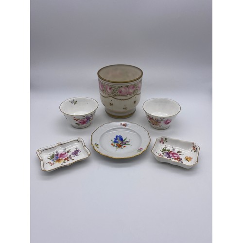 287 - ROYAL CROWN DERBY PIN DISHES, MEISSEN SAUCER AND OPAQUE GLASS CACHE POT