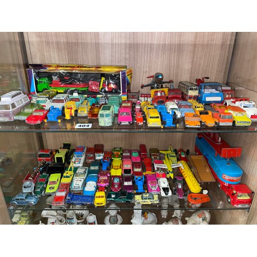 404 - TWO SHELVES OF PLAYWORN DIE CAST MODEL TOY CARS, LESNEY, MATCHBOX AND OTHERS