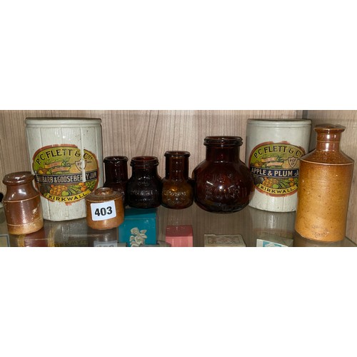 403 - QTY OF BROWN PRESSED GLASS BOVRIL JARS, ADVERTISING STONEWARE JARS